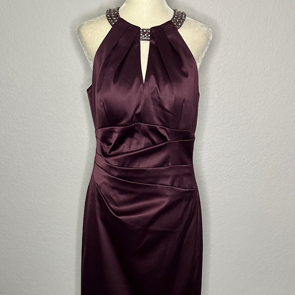 Eliza J Deep Burgundy Embellished Halter Dress with Ruching 8